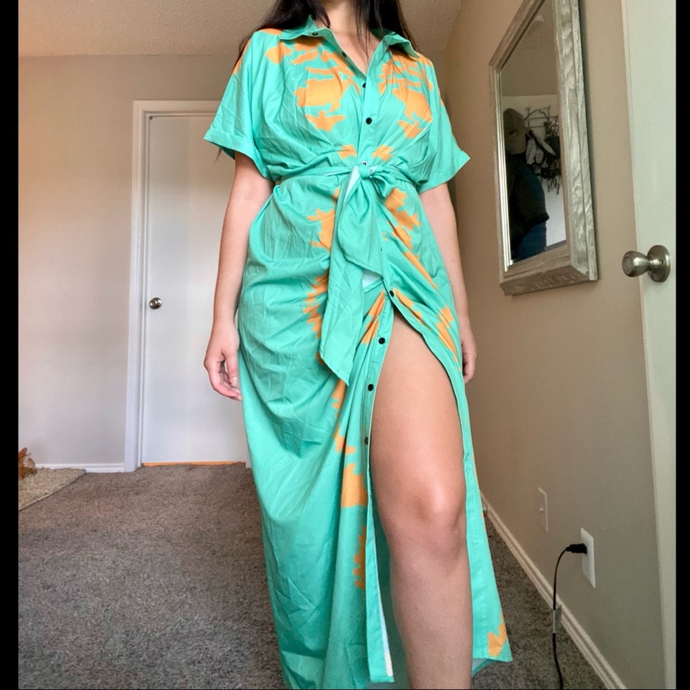 Mint contemporary maxi dress with orange accents. - Picture 10 of 16